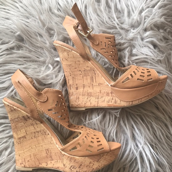 Brown Faux Cork Wedges - Picture 1 of 8